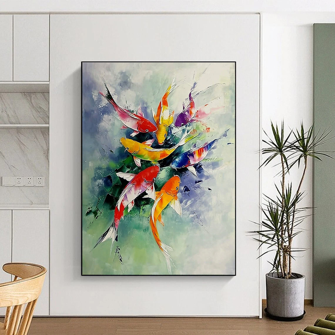 Abstract painting of colorful koi fish leaping from water surrounded by misty clouds on a white background with vibrant scales and light green tones.STSC1012