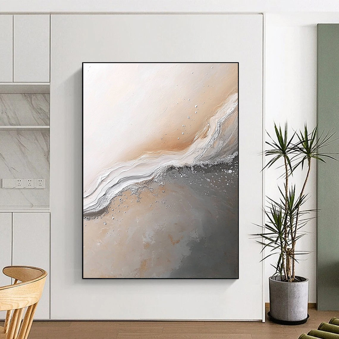 Large abstract painting of Jupiter's surface in gray beige and white with silver details evoking a calm serene atmosphere.STSC014