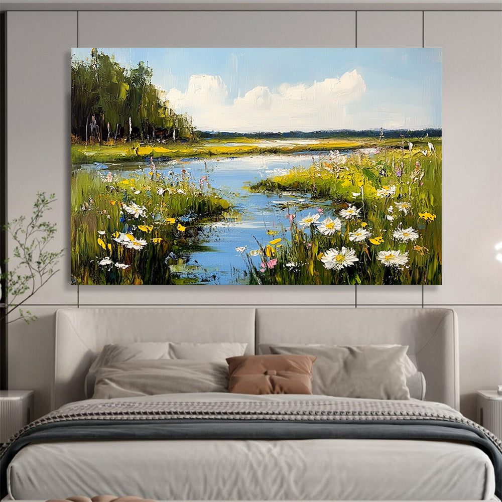 Abstract painting featuring a serene meadow with wildflowers and a reflective river under a sunny sky enhanced by gentle clouds.SC600