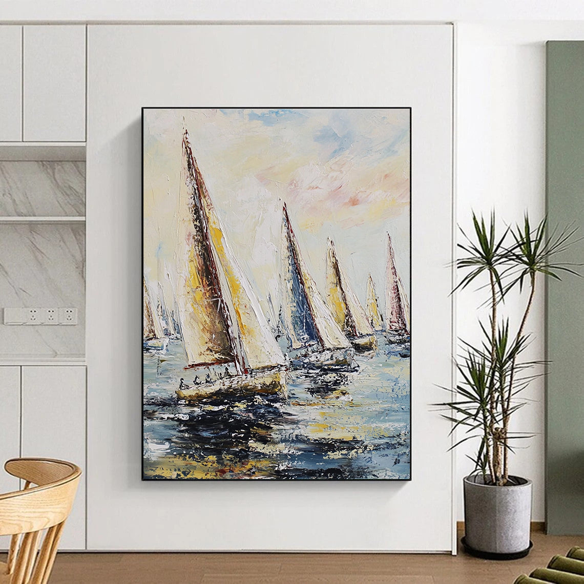 Large abstract painting featuring sailing regatta with billowing sails against a pastel sky and impasto-thick brush strokes.STSC1421