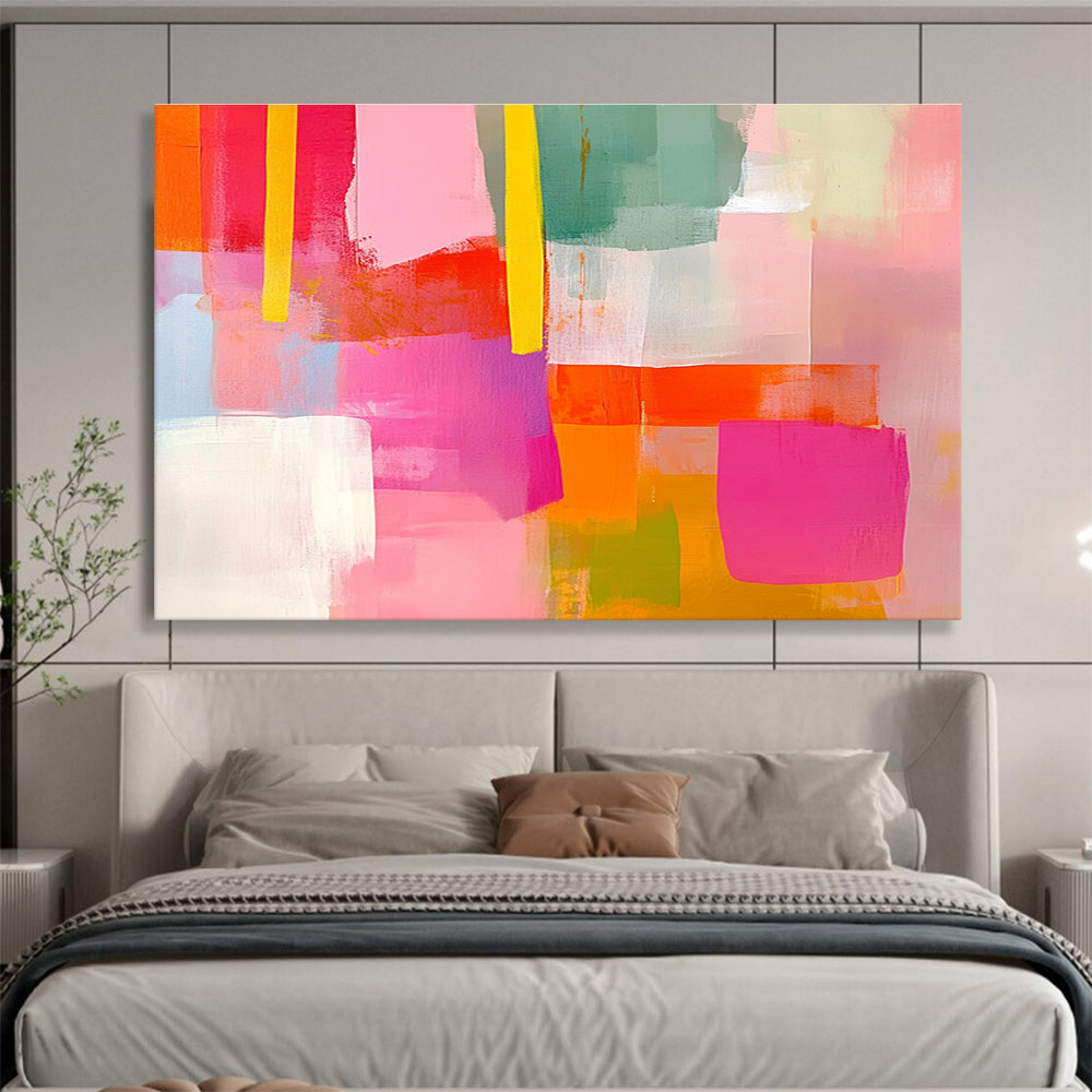 Extraordinarily vibrant abstract painting with soft pink and bright orange shapes complemented by yellow lines in a collage-style composition featuring pink and green hues.SC256