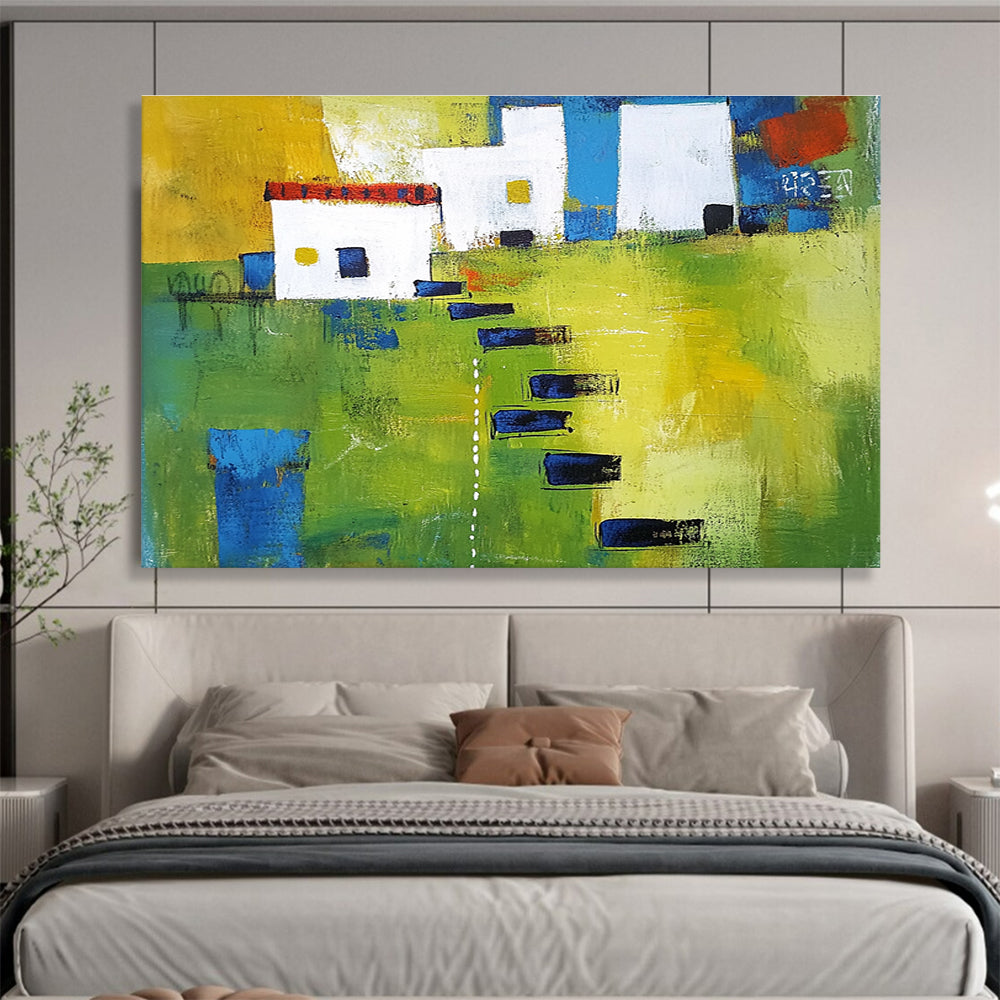 Large abstract painting showcasing green fields, white buildings with blue lines, and black stairs, featuring thick brush strokes and vibrant geometric shapes.SC193