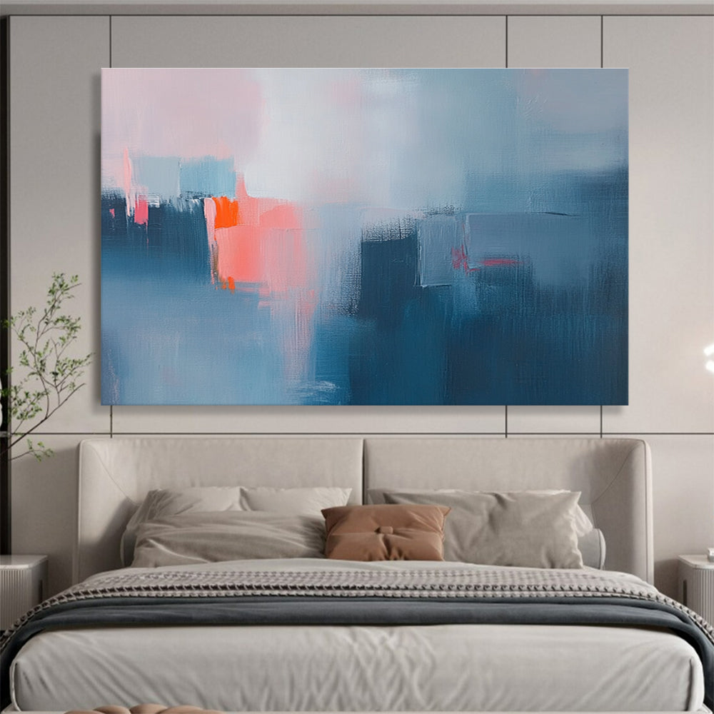 Large abstract oil painting depicting a misty rain with blue and grey hues highlighted by pink and orange accents.SC319