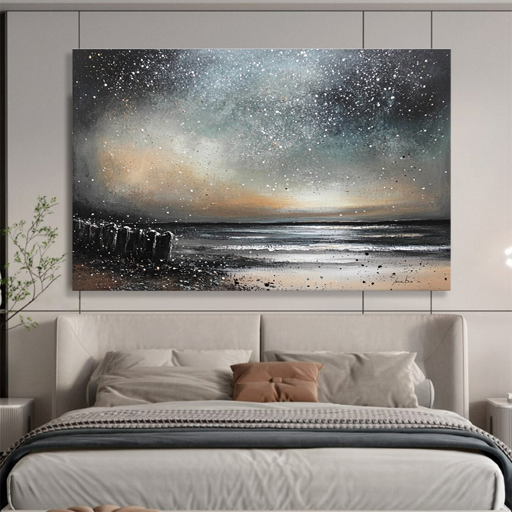 An abstract painting of a night sky over the ocean with silver and bronze stars falling like snow, crafted in oil on canvas.SC529