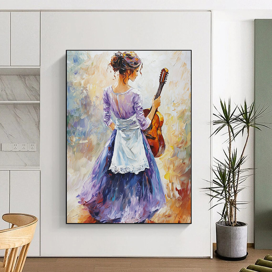 Large abstract oil painting featuring an elegant figure in a light purple dress and dark blue skirt holding a guitar with vibrant colors and soft lighting.STSC1373