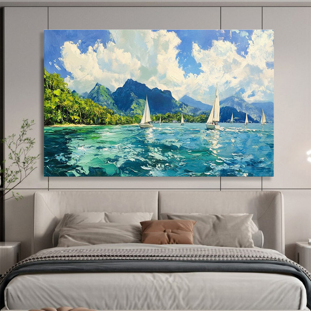 Sailing Bay Abstract Painting with Bright, Coastal Energy THY413