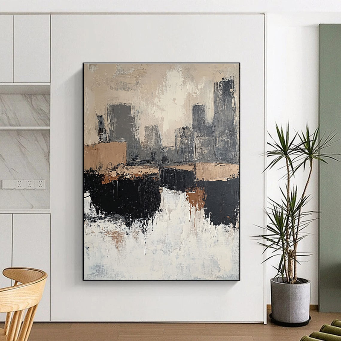 Large abstract painting featuring beige and white tones with gray and brown accents depicting rocks and a cityscape in a minimalist style.STSC412