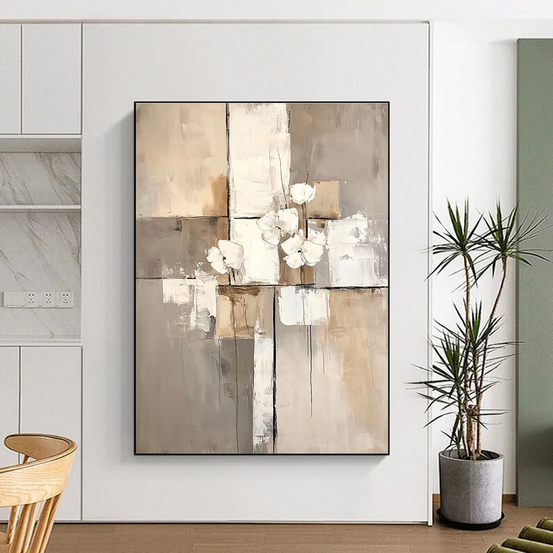 Large abstract painting featuring white paint blocks with a beige and gray palette on a neutral beige background.STSC431