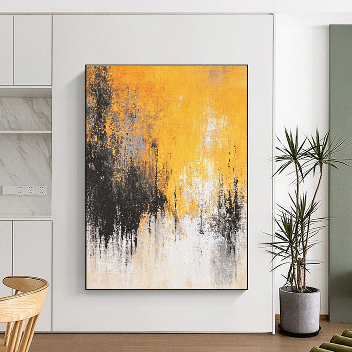 Large abstract painting featuring faded textures and dreamy shades of mustard yellow grey white and black depicting distant trees and a flowing river.STSC728