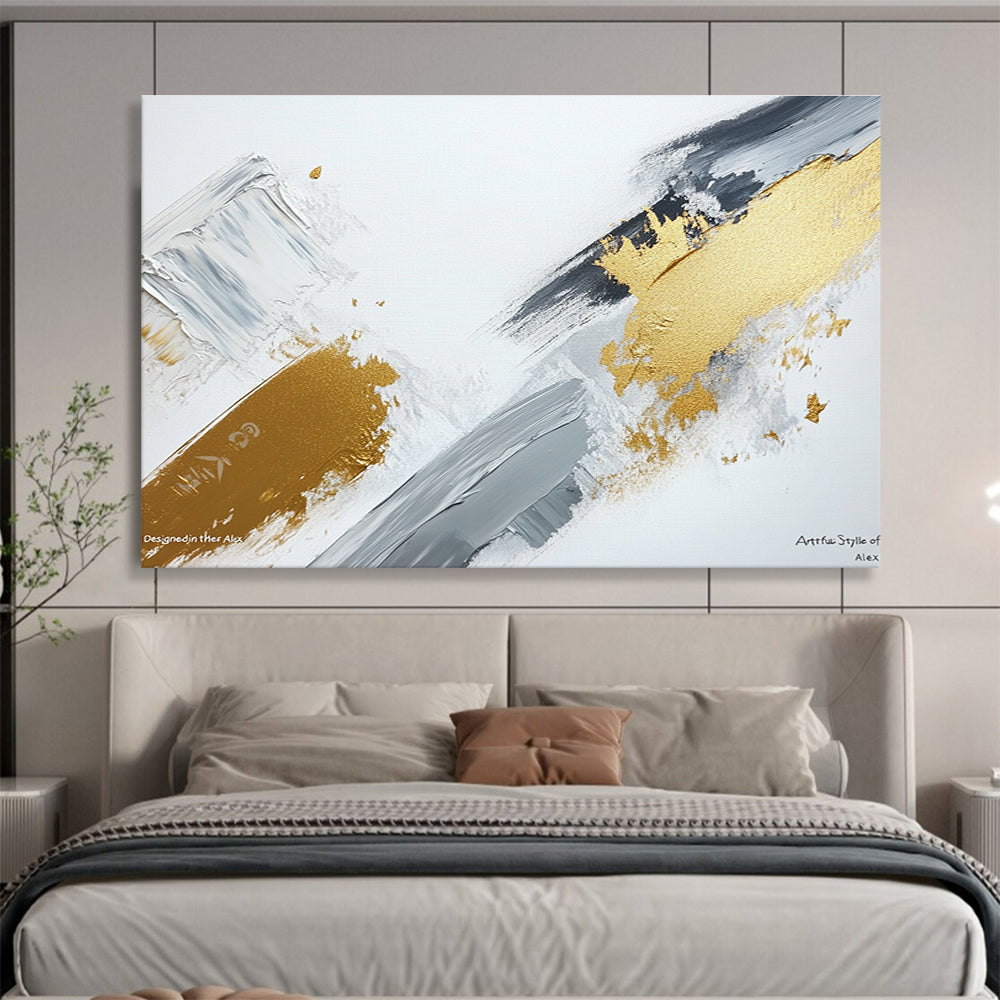 Large abstract painting featuring gray and gold brush strokes on a white background showcasing contemporary artistic creativity and elegance.SC293