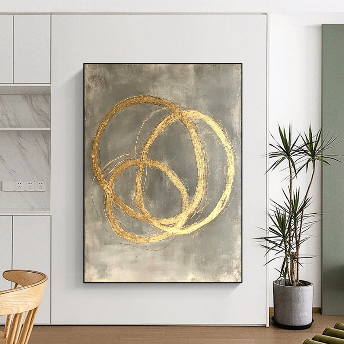 Golden Circles Abstract Painting on Gray Background GER270