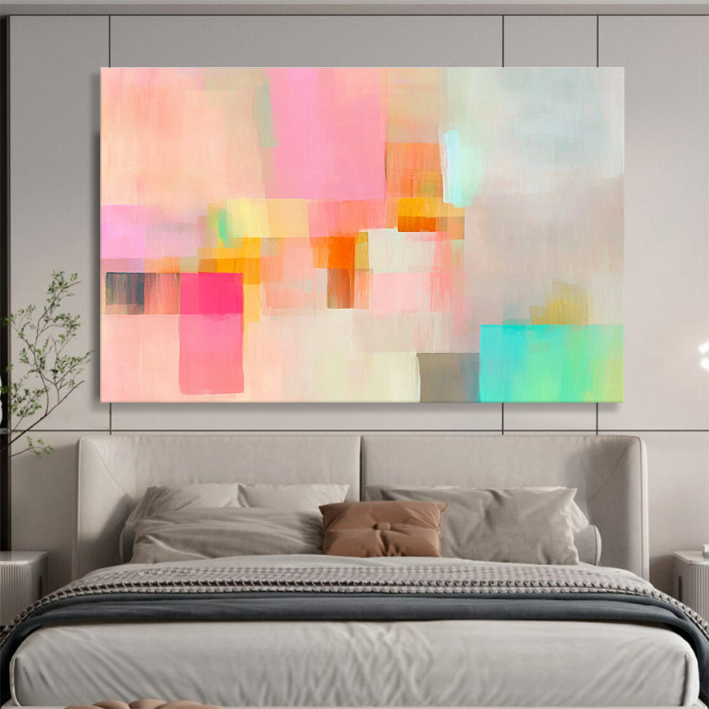 An expansive abstract painting featuring soft pastel colors and fluid geometric shapes creates a dreamy atmosphere of movement and calmness.SC302