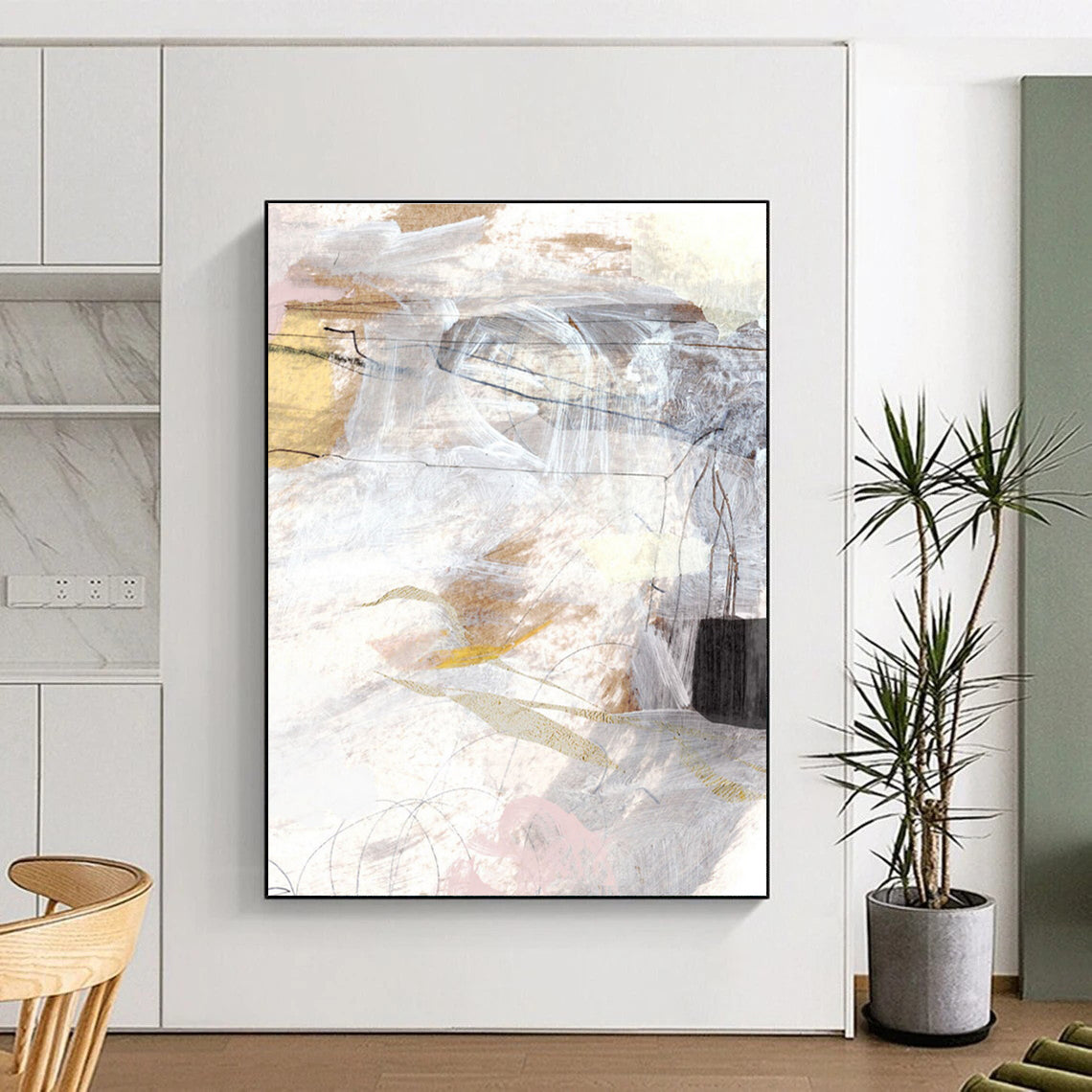 Mixed - media Abstract with Soft Tones and Lines Painting ADGE187