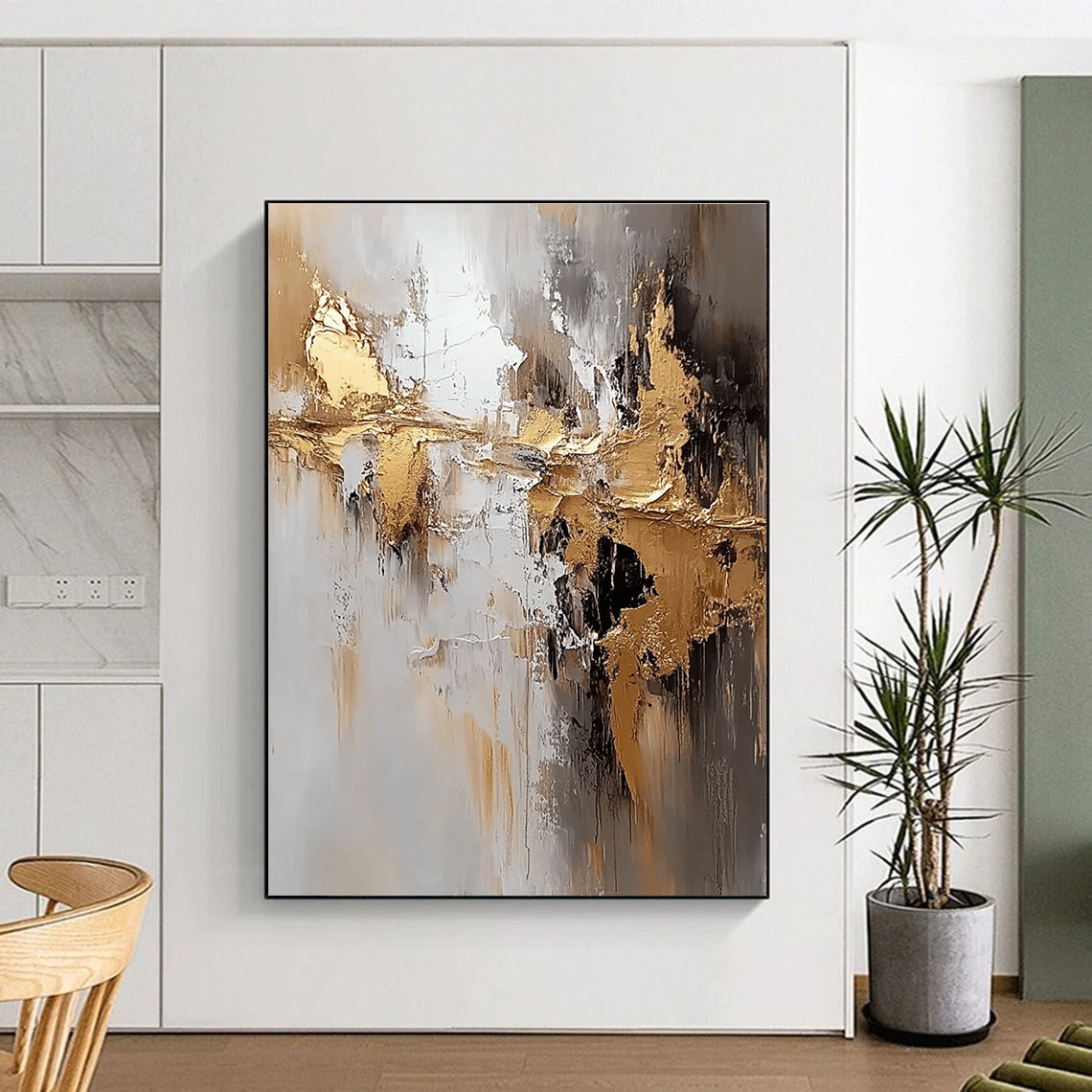 Gold Gray and Black Abstract Painting with Textured Gold GER665