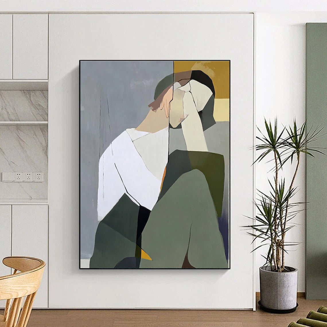 Large abstract painting of a woman with a white shirt and green jacket against a gray-blue background with light yellow accents and visible brushstrokes.STSC1114
