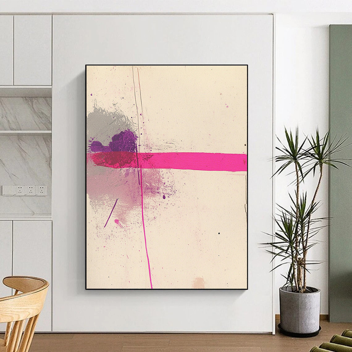Large abstract pink line artwork on white paper accented with grey and purple for a modern artistic touch.STSC1181