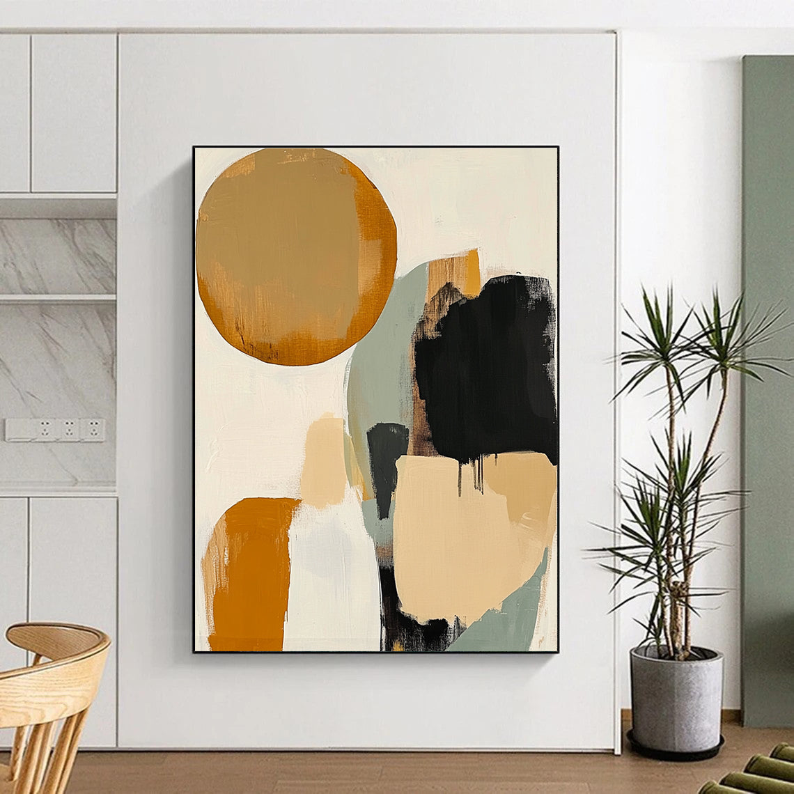 Large abstract artwork featuring earthy tones with circles and ovals surrounded by soft gray lines against a white background for an elegant look.STSC475
