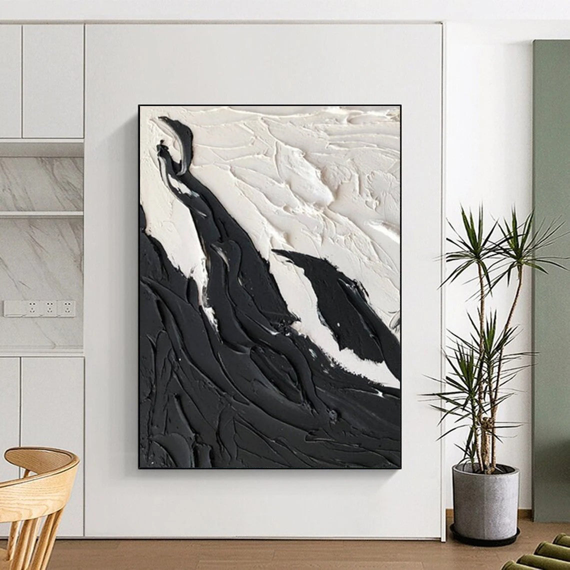Black and White Textured Abstract Painting with Mountain - like Forms ADGE404