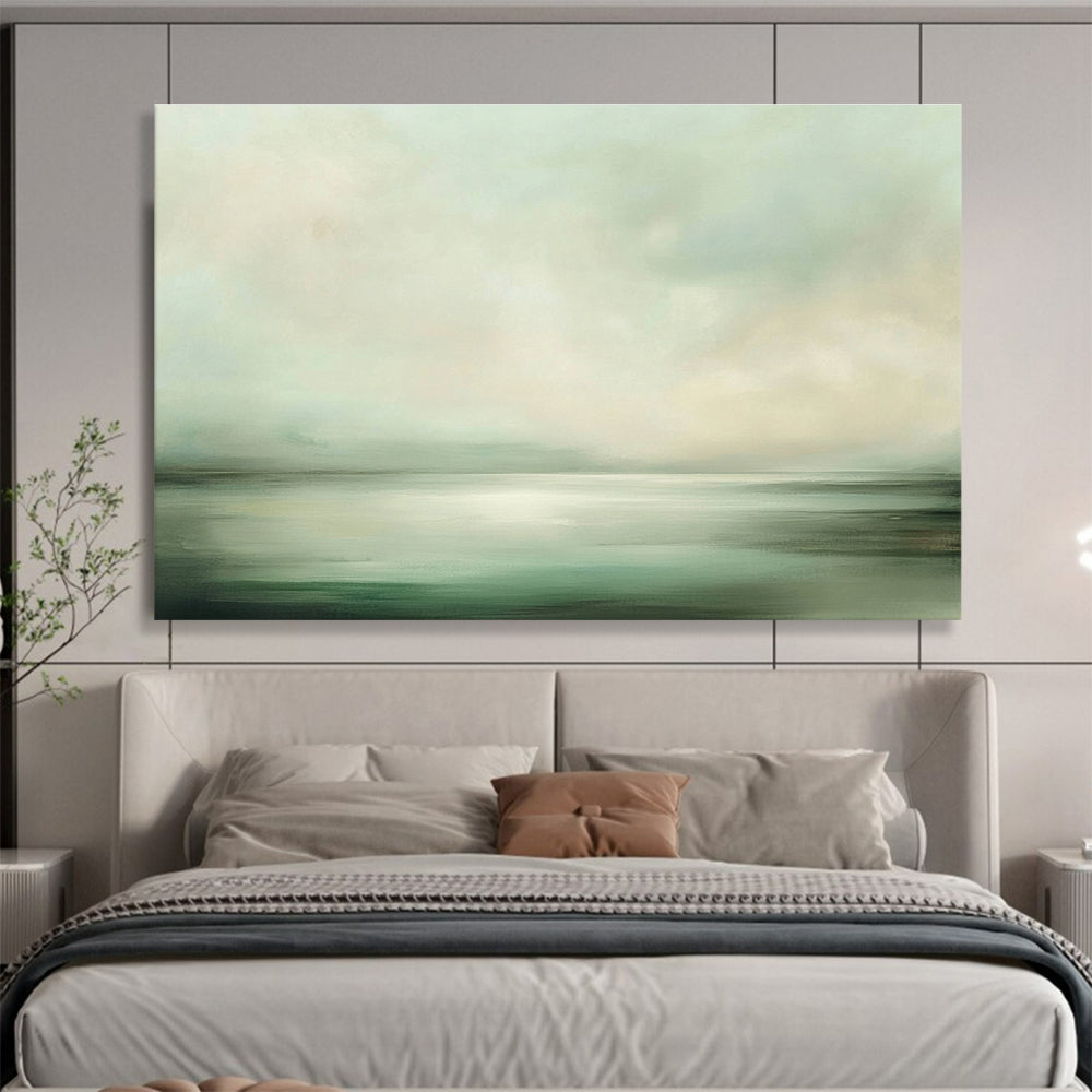 Large abstract painting capturing soft greens and whites of sea and sky, creating an ethereal atmosphere of tranquility and serenity.SC070