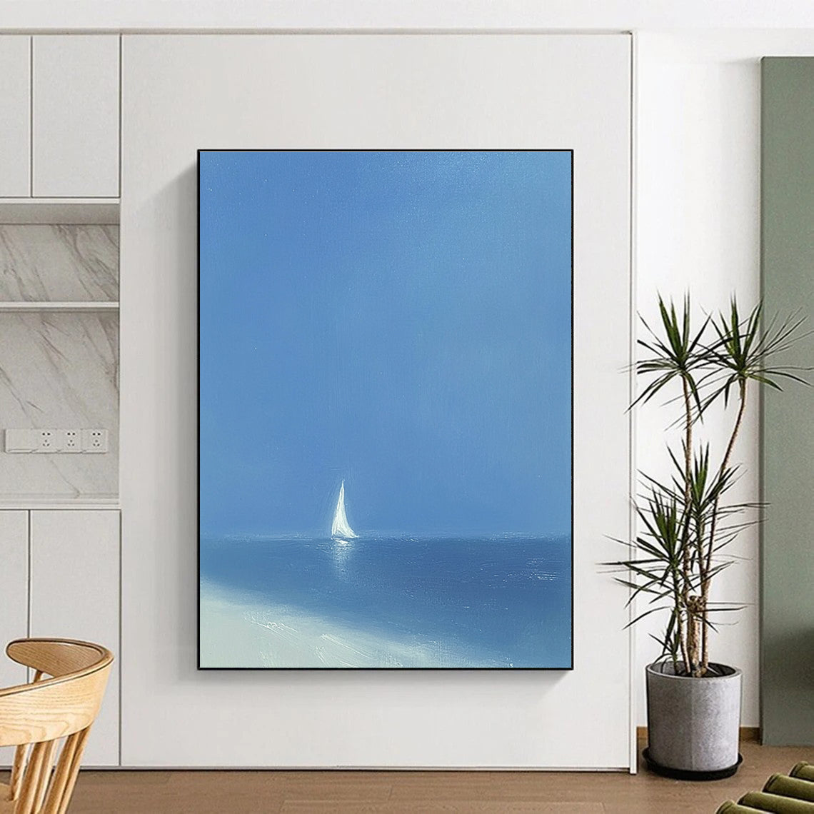 A large abstract painting featuring a minimalist white sailboat on the ocean under a blue sky with soft tones and wide brush strokes.STSC1062