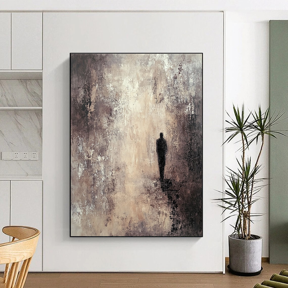 Large abstract painting featuring deep layers textured in brown and gray tones with a mysterious dark figure amidst an exquisite atmospheric backdrop.STSC206