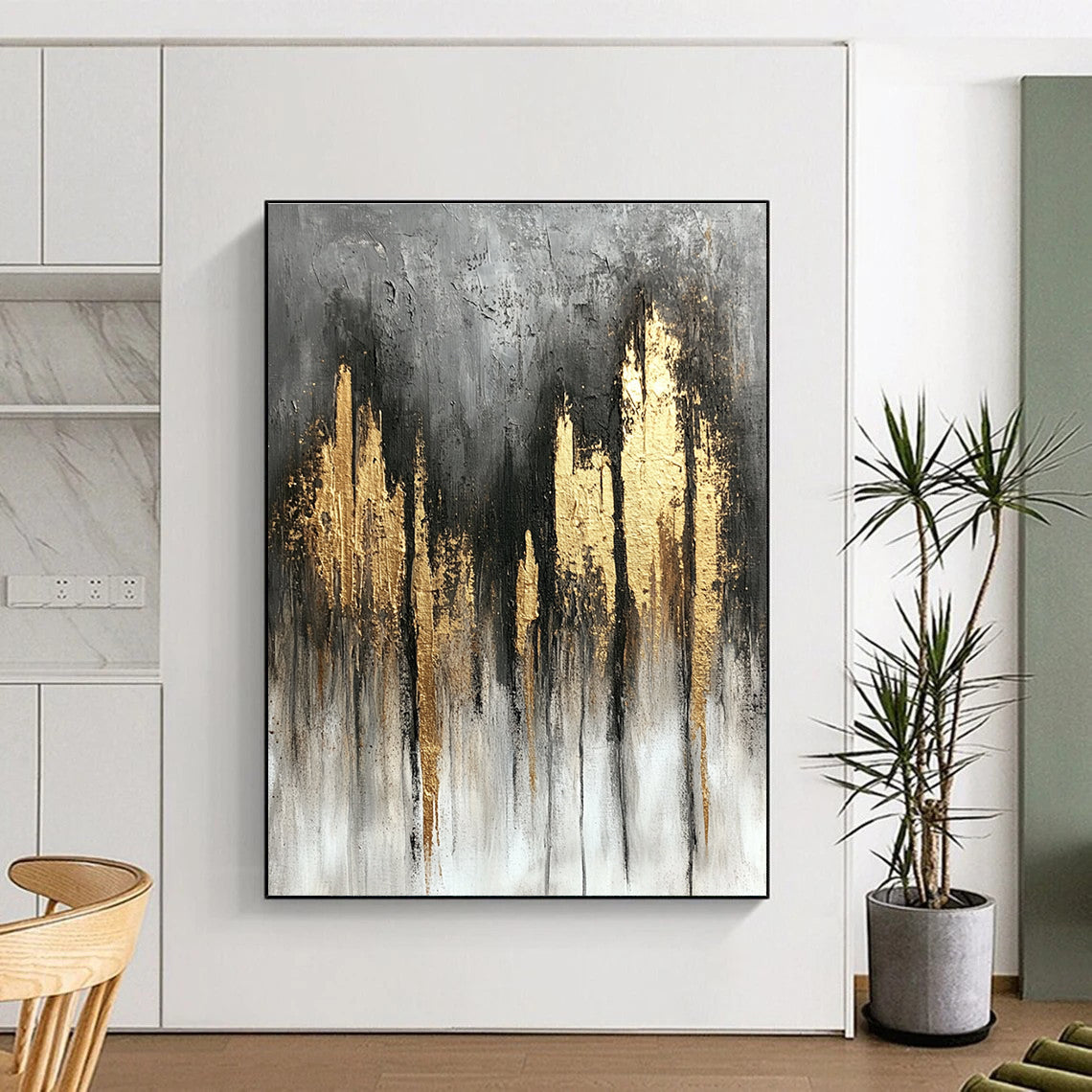 Large abstract painting featuring a gray and gold color scheme with textured canvas flowing lines and a tranquil atmospheric composition.STSC393