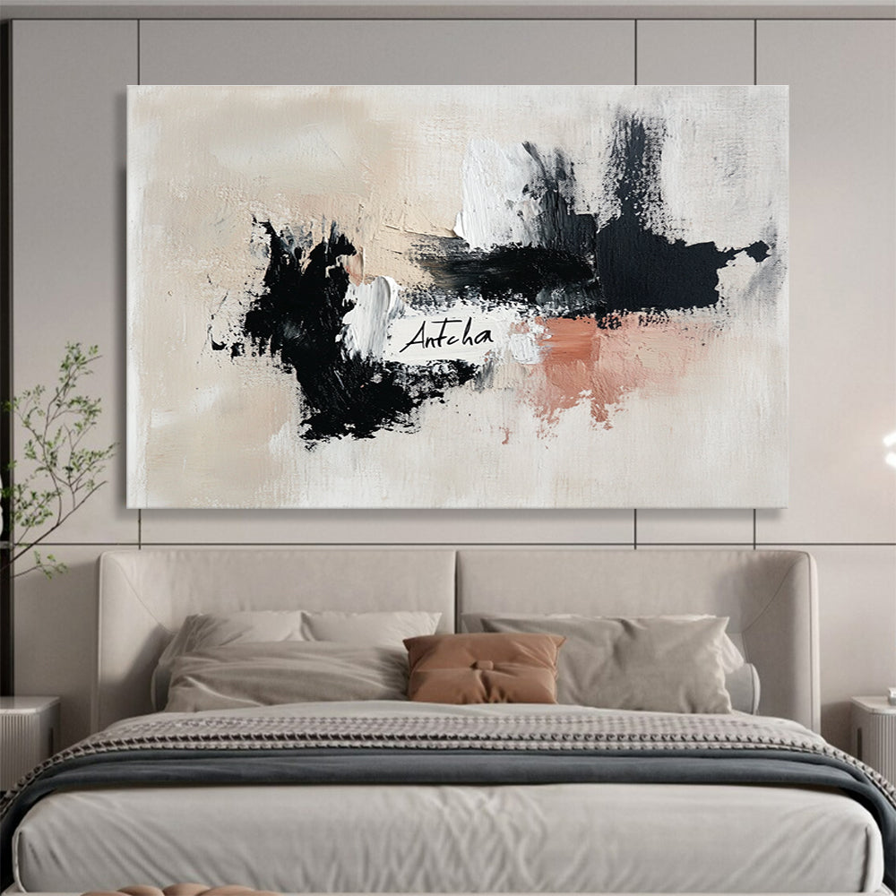 Large abstract painting featuring the word Antcha in soft black and white strokes with dynamic brushwork in a harmonious palette of gray and warm tones.SC311