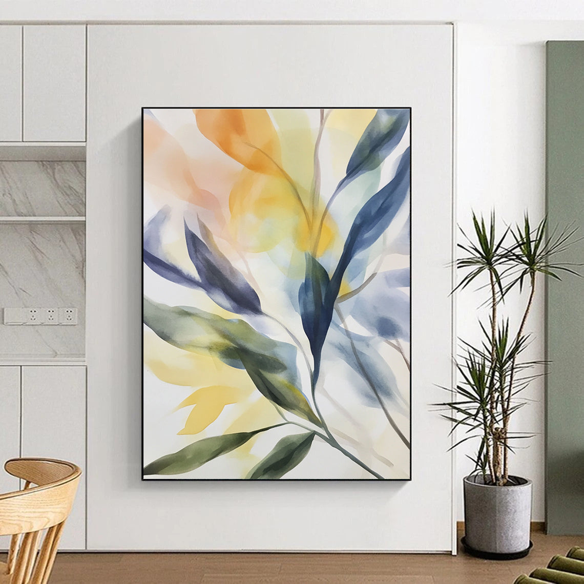 Large abstract watercolor painting featuring delicate leaves and flowers in indigo blue yellow-green light orange pale purple light pink and dark gray.STSC502