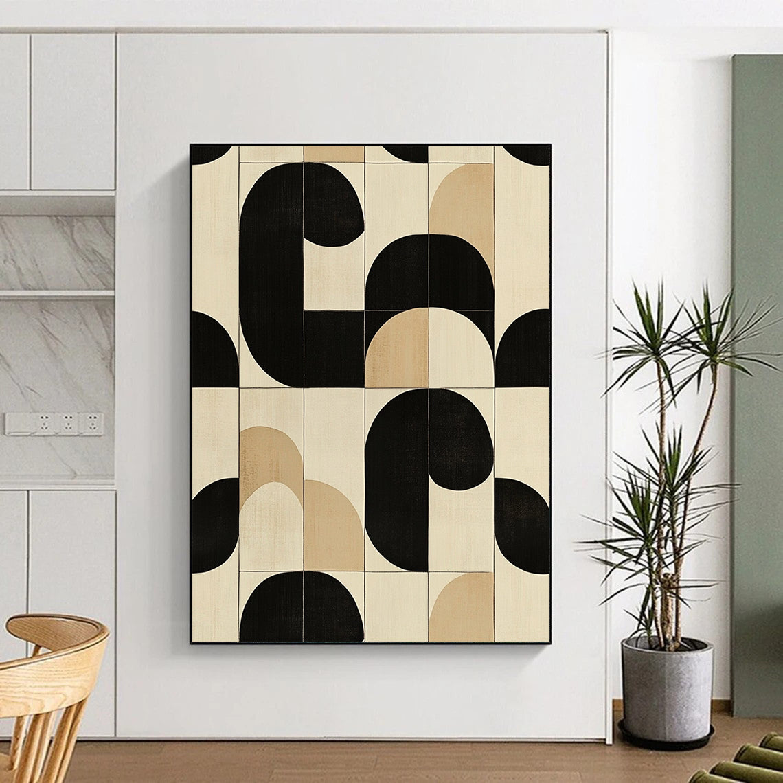 Large abstract painting featuring modern black white and beige circles and squares perfect for contemporary decor.STSC1102