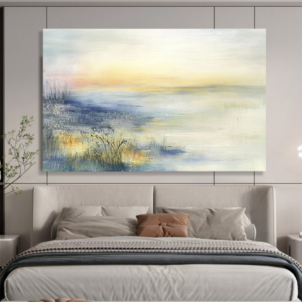 Large abstract oil painting featuring a misty coastal landscape in muted pastel colors inspired by Zao Wou-Ki.SC116
