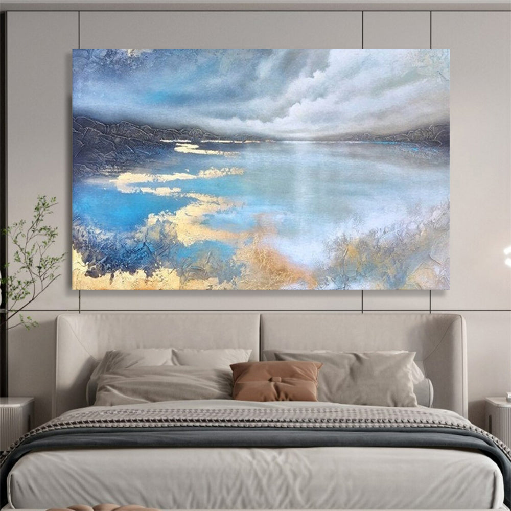 Lake Reflection Abstract Painting with Blue, Grey, and Gold Tones THY192