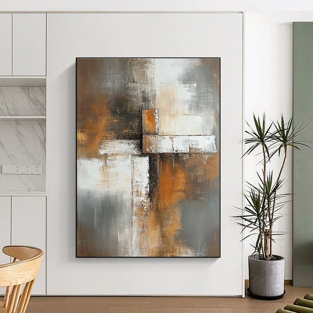 Abstrakt painting featuring soft gray brown and white tones with a blurred background and an elegant square cross in the foreground.STSC811