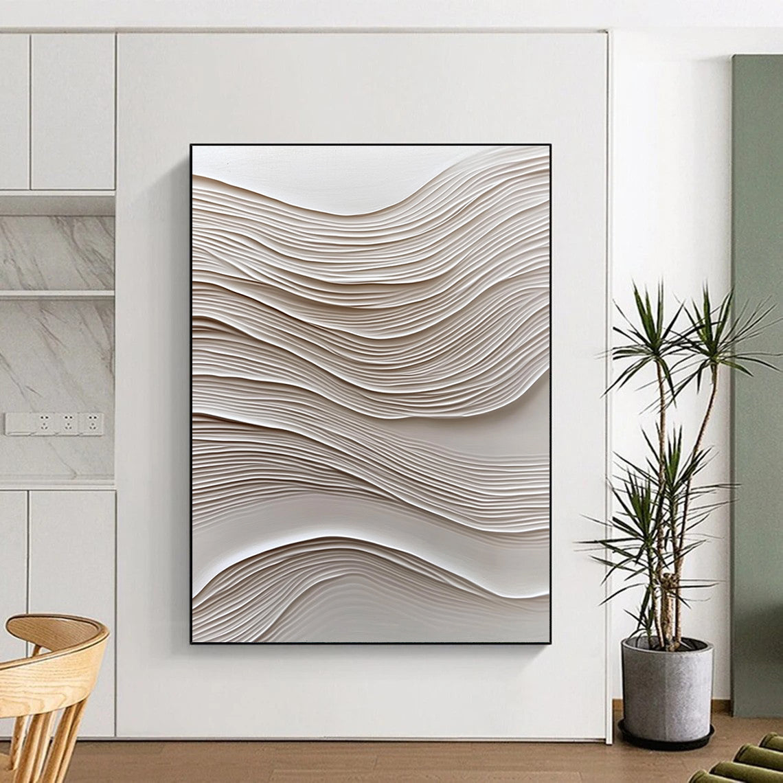 Large Abstract Art Featuring Wavy Lines on White Paper with Soft Lighting and Oil Painting Texture Highlighting Elegance and Simplicity.STSC965