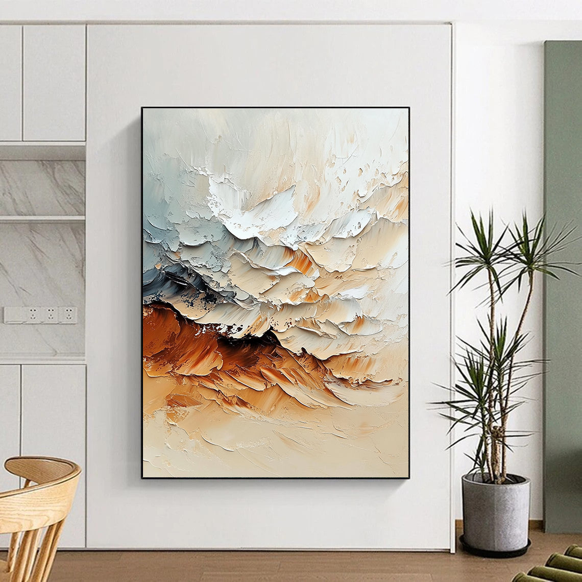 Beige and Brown Abstract Painting with Textured Waves GER477