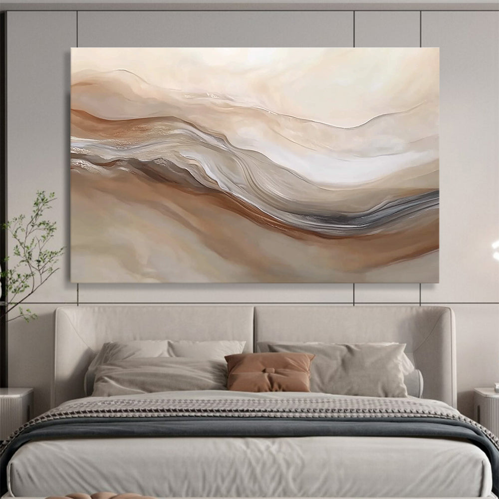 Large abstract painting featuring swirling beige and white hues resembling desert dunes capturing movement and depth in a serene landscape.SC447