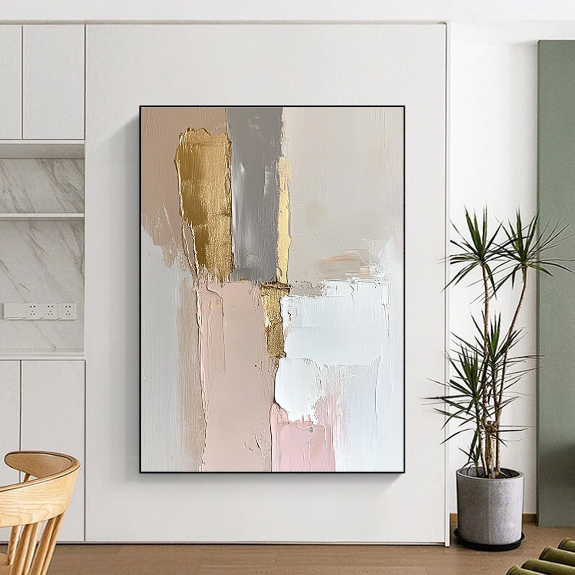 Large abstract oil painting featuring an elegant wall in white and gold with thick strokes and pastel tones enhanced by gold leaf accents.STSC147