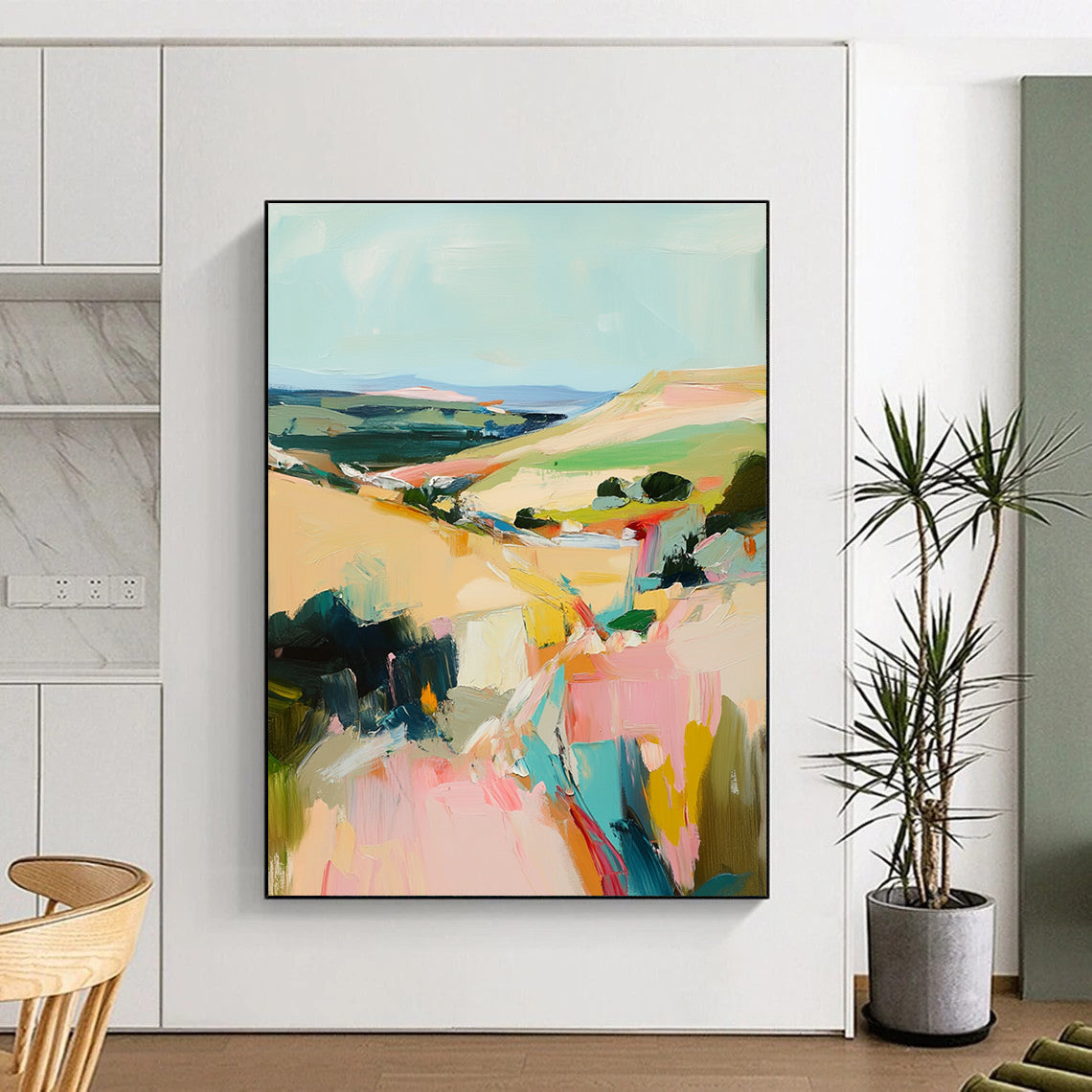 Abstract oil painting of an Irish landscape showcasing vibrant brush strokes in beige pink and teal colors creating a serene atmosphere.STSC150