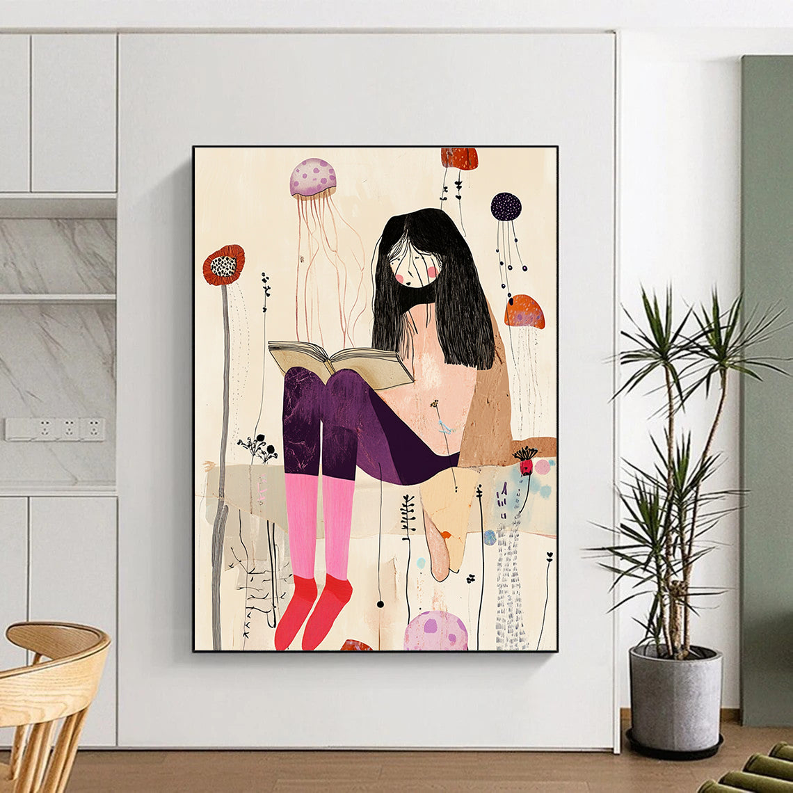 A large abstract collage featuring an eccentric woman with long legs in pastel pink socks and dark purple pants amid whimsical jellyfish and wildflowers.STSC1237