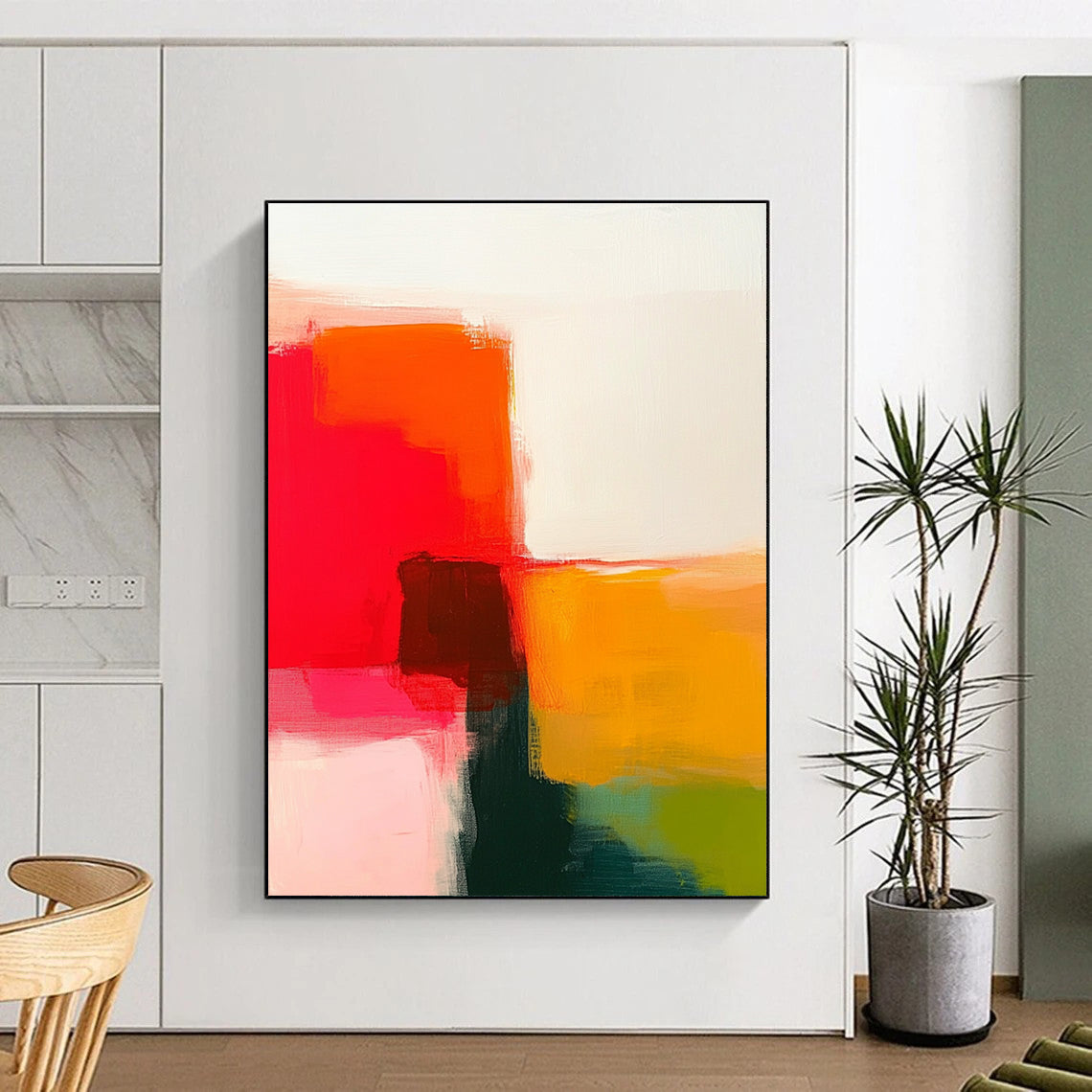 An abstract painting featuring warm reds and oranges with green on a white background showcasing simple shapes and soft edges.STSC629