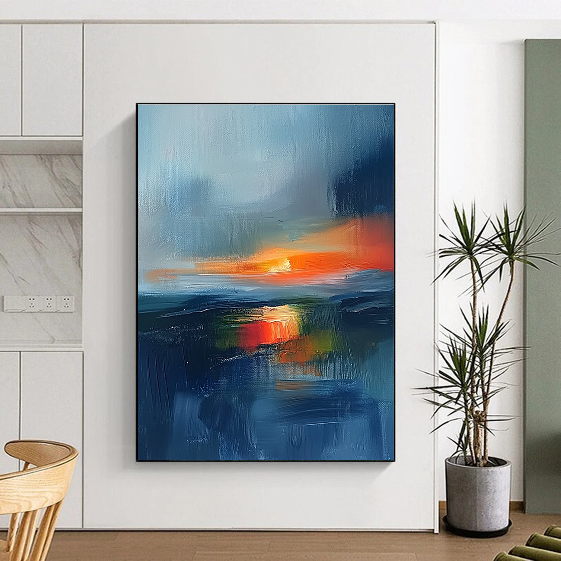 Large abstract painting featuring an Irish landscape at sunset with blue and orange tones and atmospheric clouds for a stunning visual impact.STSC149