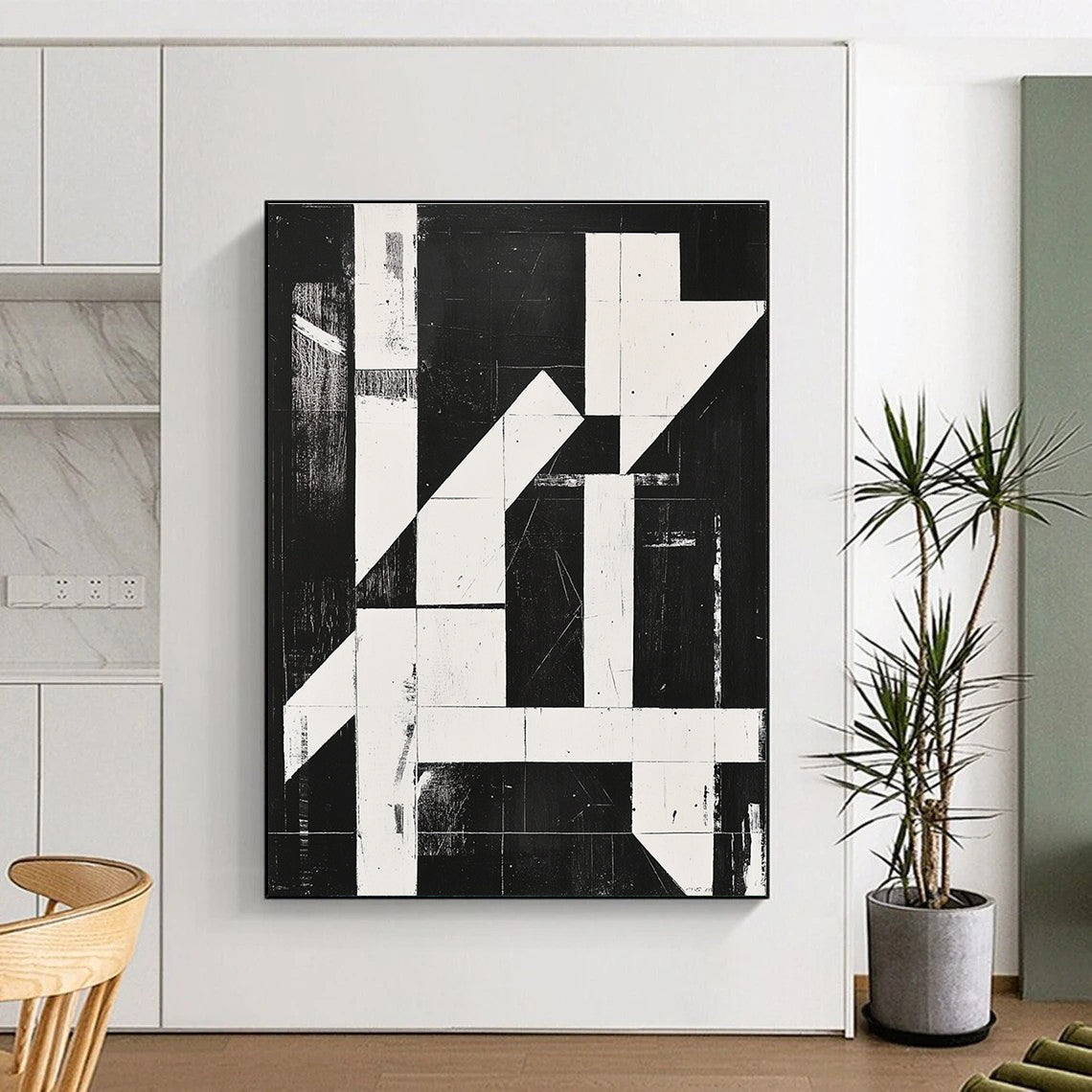 Large abstract painting with high contrast black and white lines and shapes featuring bold textured elements in a minimalist grid composition.STSC1279