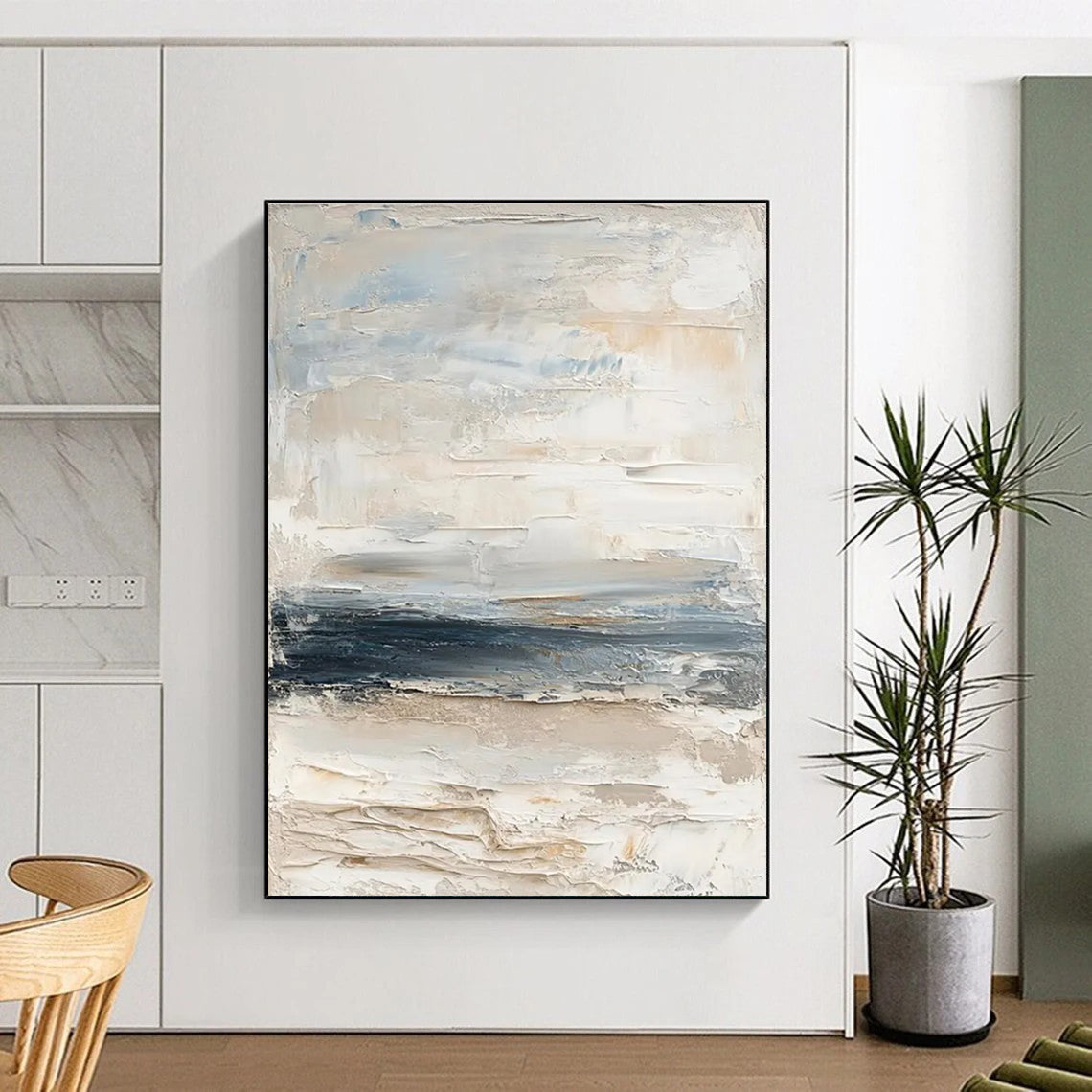 Light - toned Textured Abstract Painting with Beige and Blue ADGE298