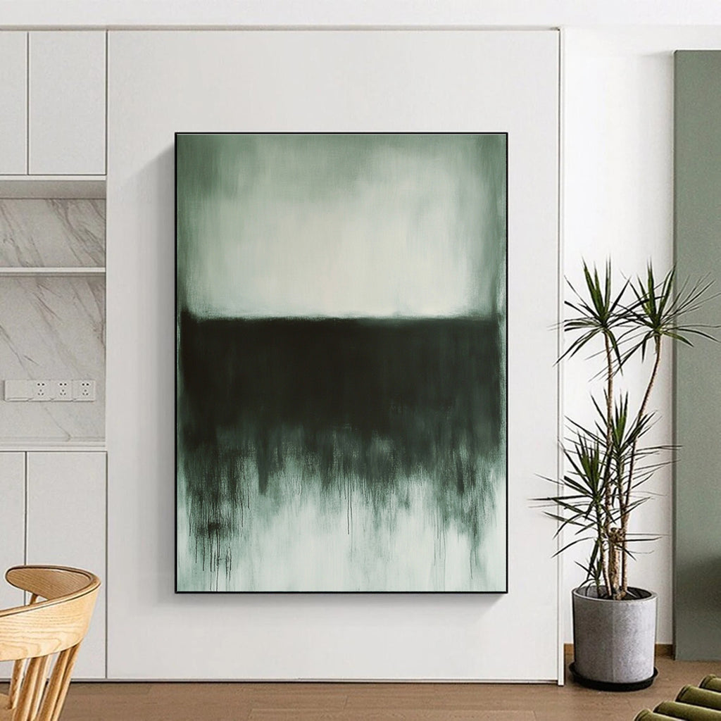 Large abstract painting in gray and white tones evoking calmness with dark gray and light green elements and textured details in the corner.STSC757