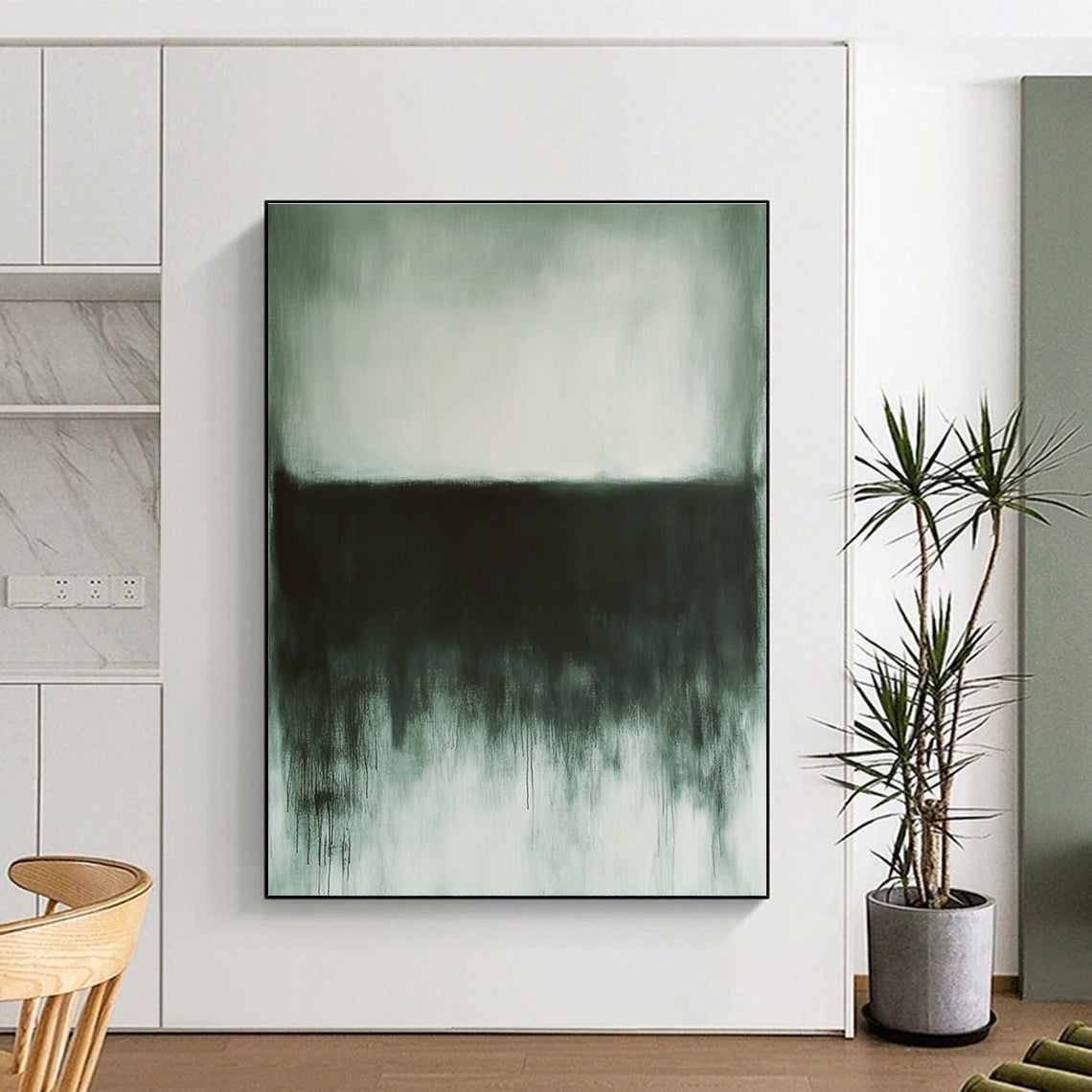 Large abstract painting in gray and white tones evoking calmness with dark gray and light green elements and textured details in the corner.STSC757