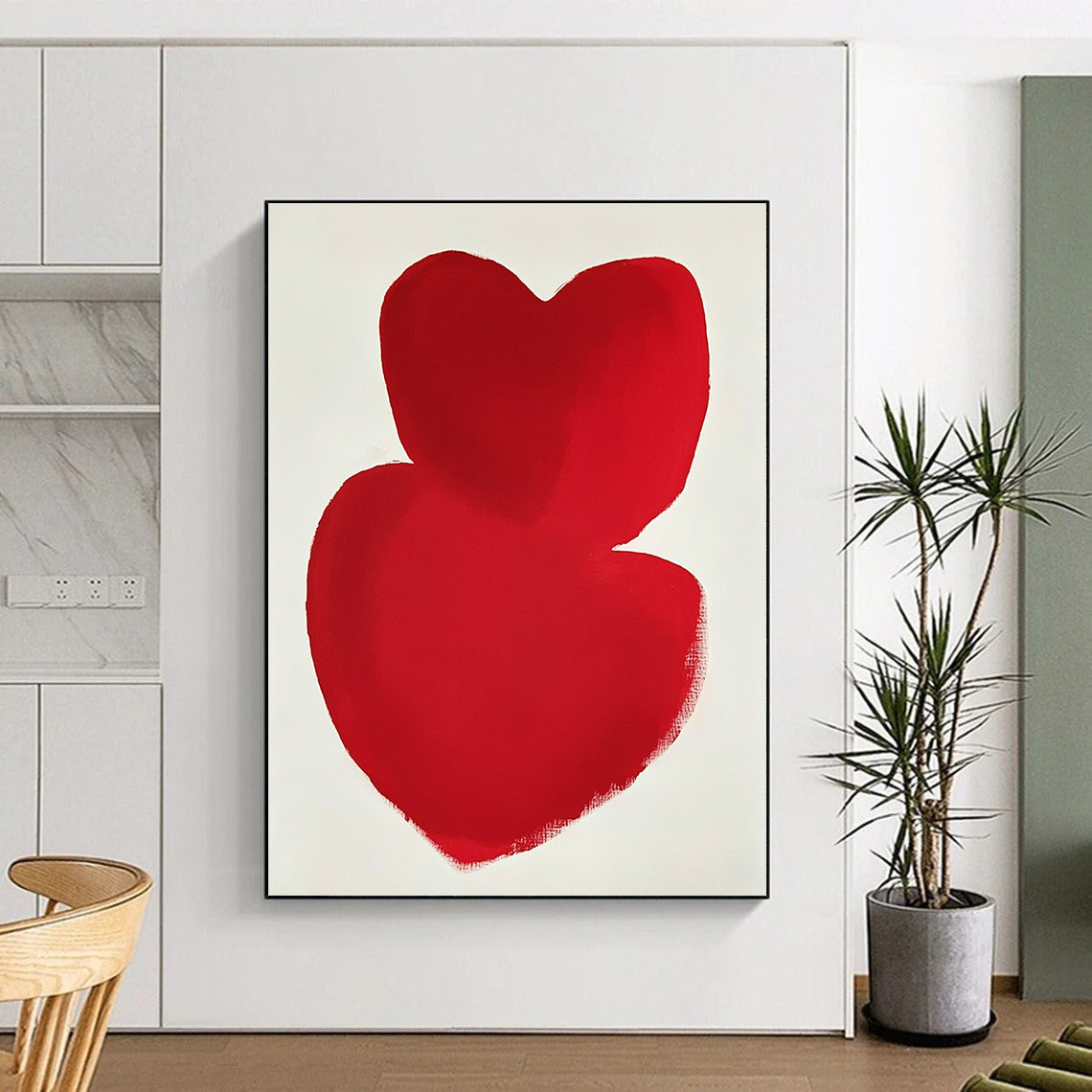 A large abstract painting featuring overlapping red hearts on a white background inspired by minimalist art in the style of Mark Rothko.STSC1192