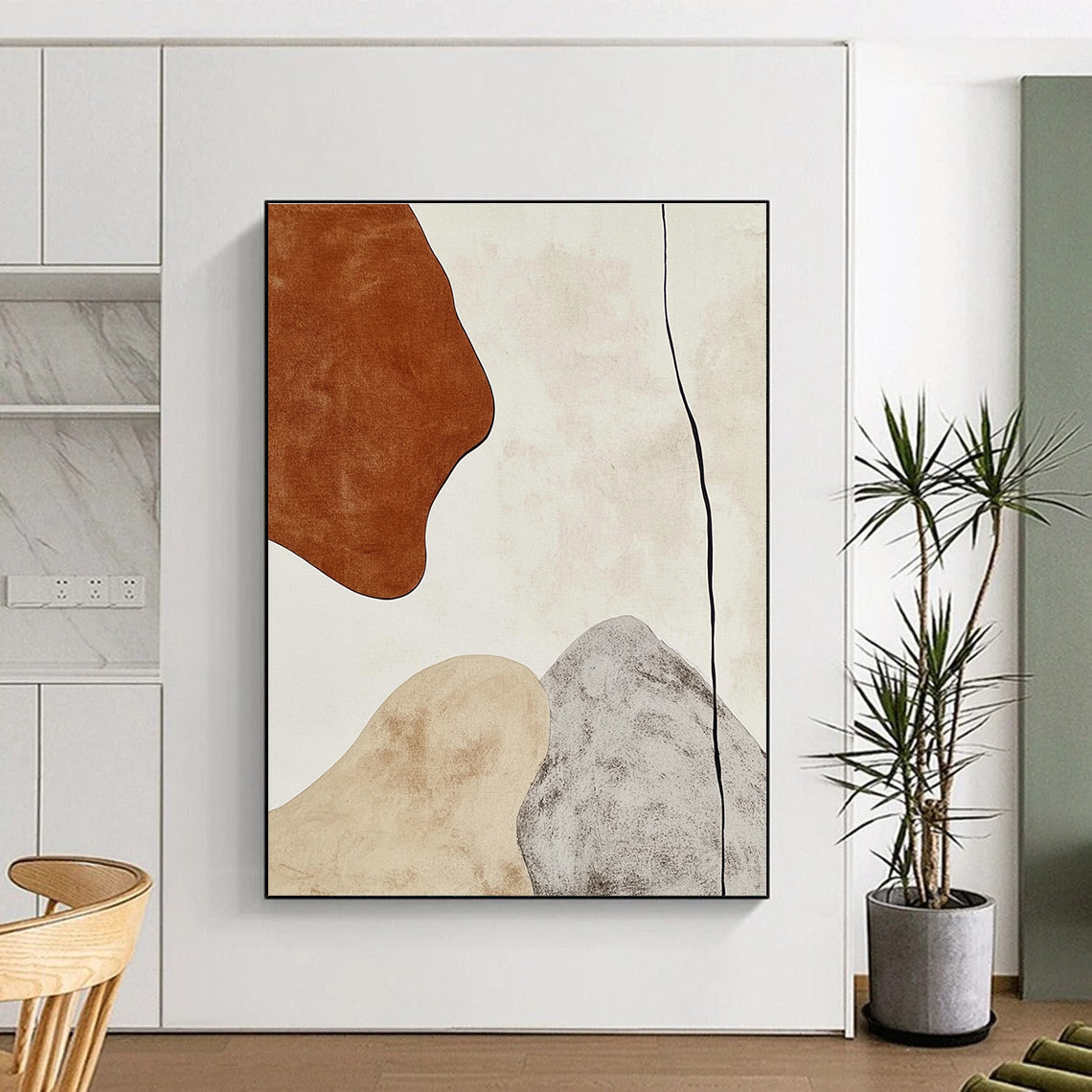 Large Abstract Painting In Earthy Tones Featuring A Brown Shape And Gray Line On A White Background Ideal For Contemporary Interiors.STSC474