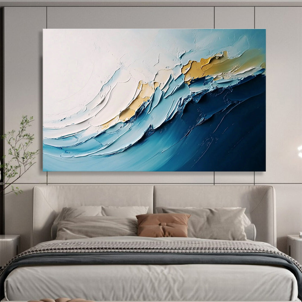Large abstract waves painting with thick impasto layers in white and blue hues, perfect for modern decor.SC368