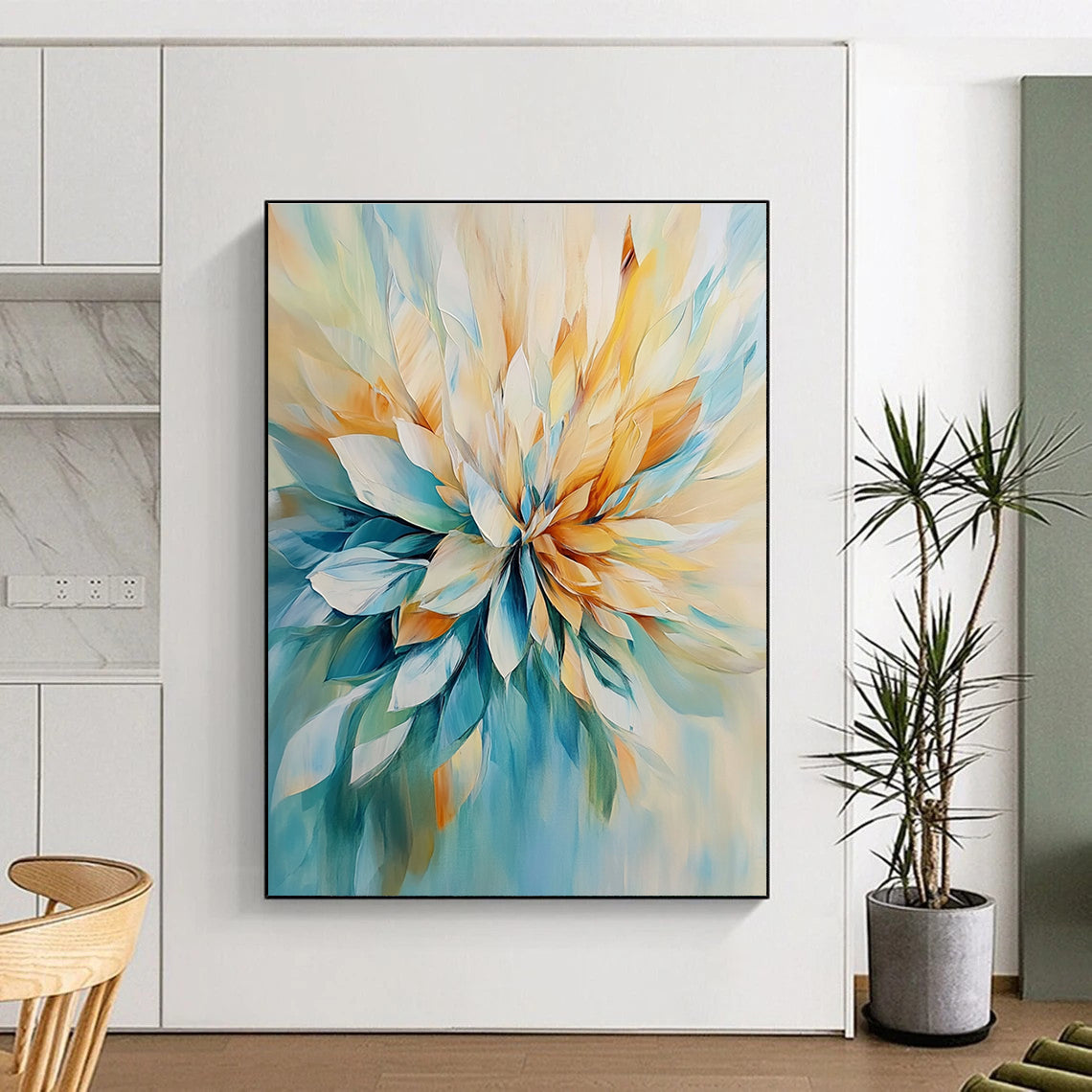Large abstract painting in light teal and beige featuring loose brushwork and oversized petals.STSC435