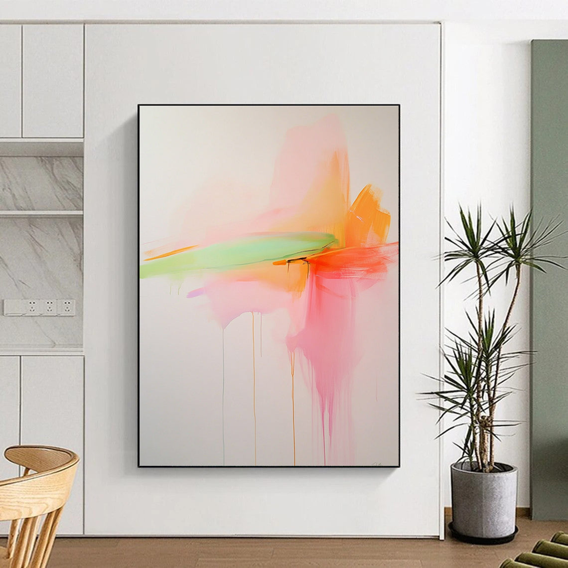 Large abstract painting with soft pink orange and green hues on a white background in minimalistic style inspired by Priscilla Creedman.STSC797