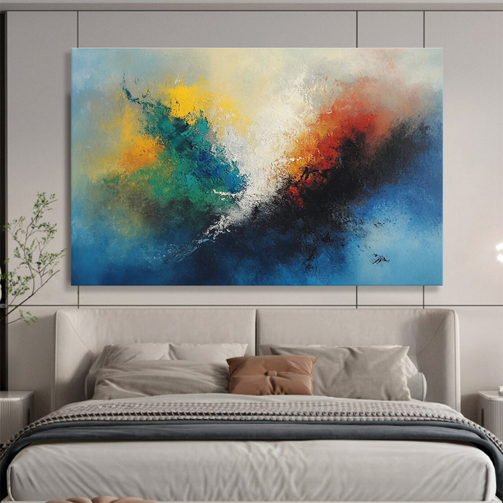 A large abstract painting featuring vibrant colors with a central fire-like figure and serene sky blue background.SC323